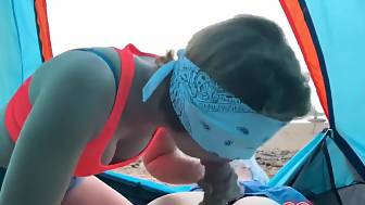 blindfolded chick bj beach