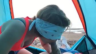 blindfolded chick bj beach