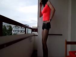 3 min - Long blackhaired ladyboy balcony