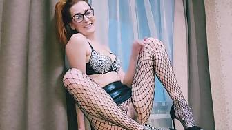 glasses fishnet pantyhose teasing